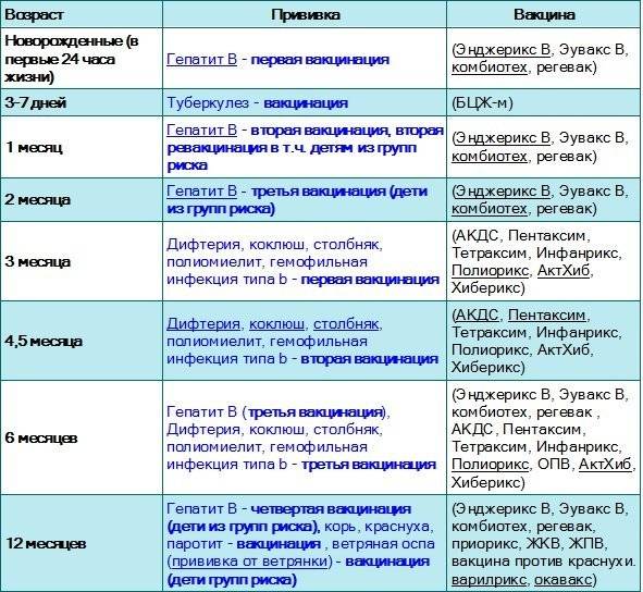 Таблица прививок детям до года